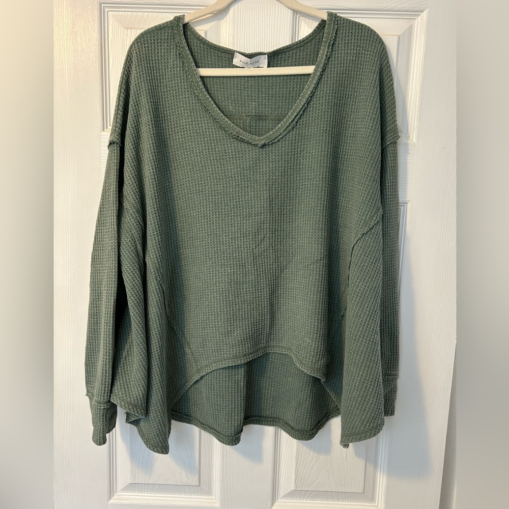 Pink Rose- Women's Green V-Neck Sweater